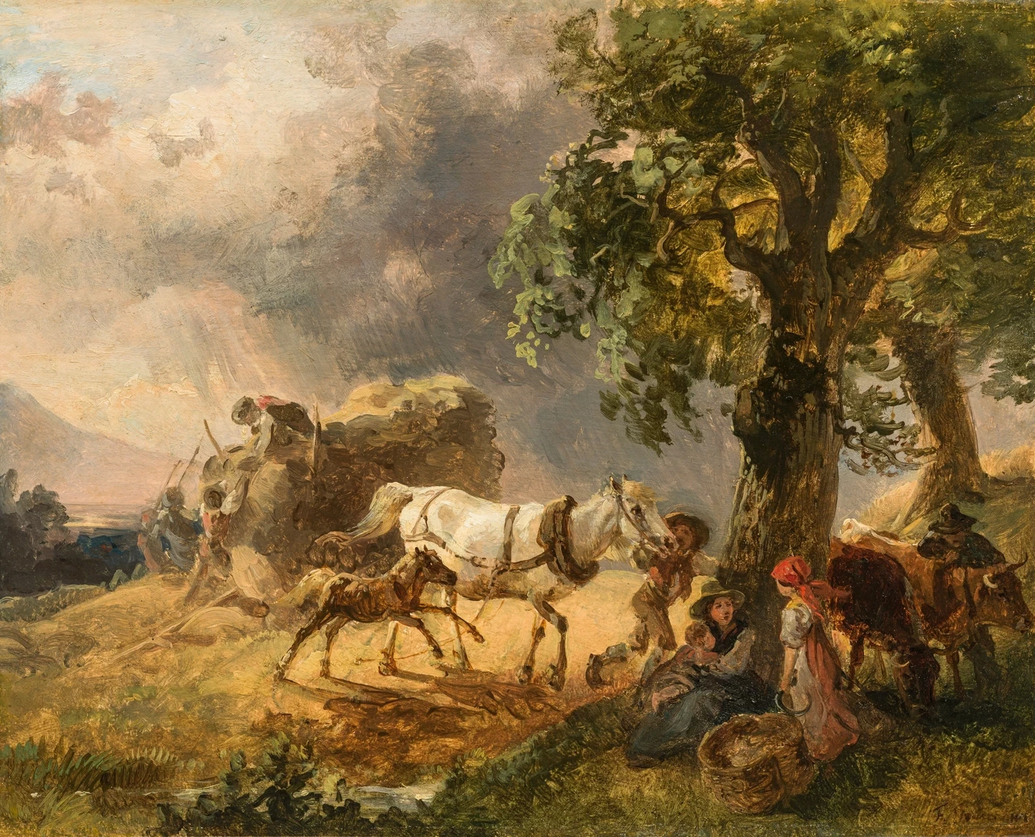 Piccolo carro di cereali con un cavallo grigio e un puledro in un temporale in avvicinamento